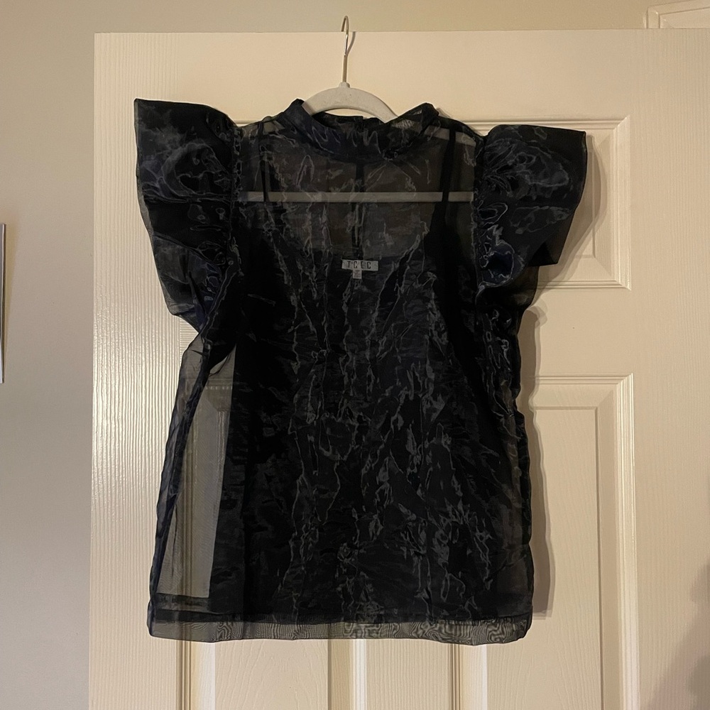 TCEC Black Sheer Organza Overlay Mock Neck Short Flutter Puff Sleeve Blouse Top